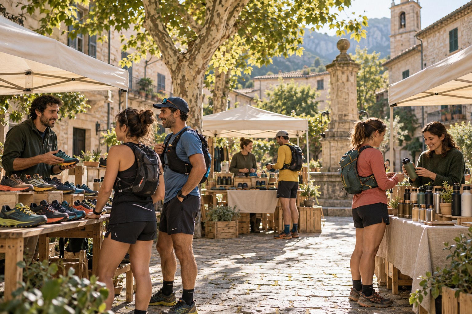 Personas visitan puestos de una feria al aire libre