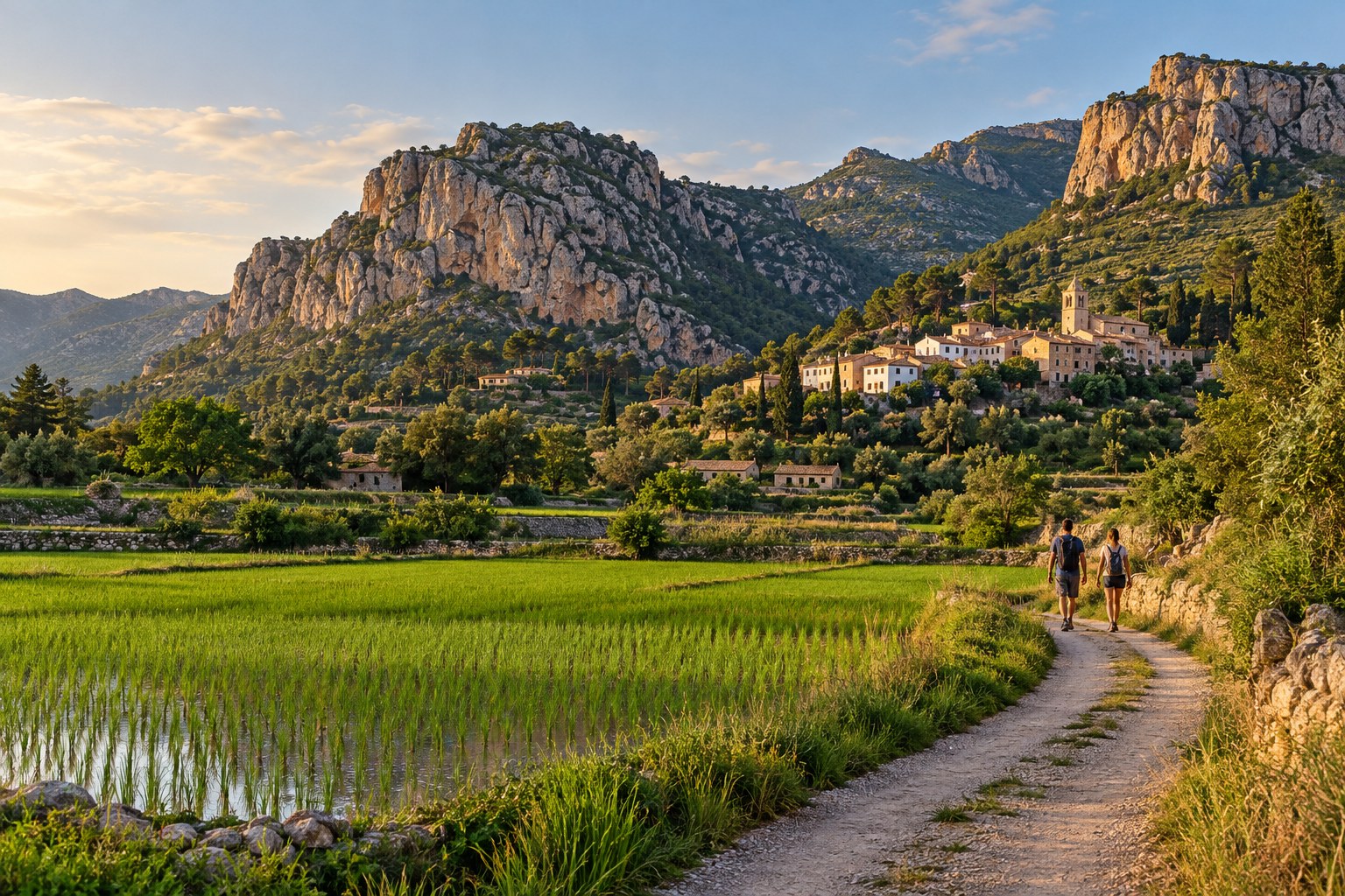 Escena de caminos, arrozales y montañas